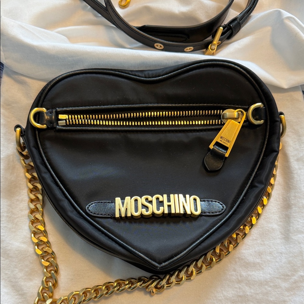 Moschino Black Heart Crossbody Bag with Gold Hardware